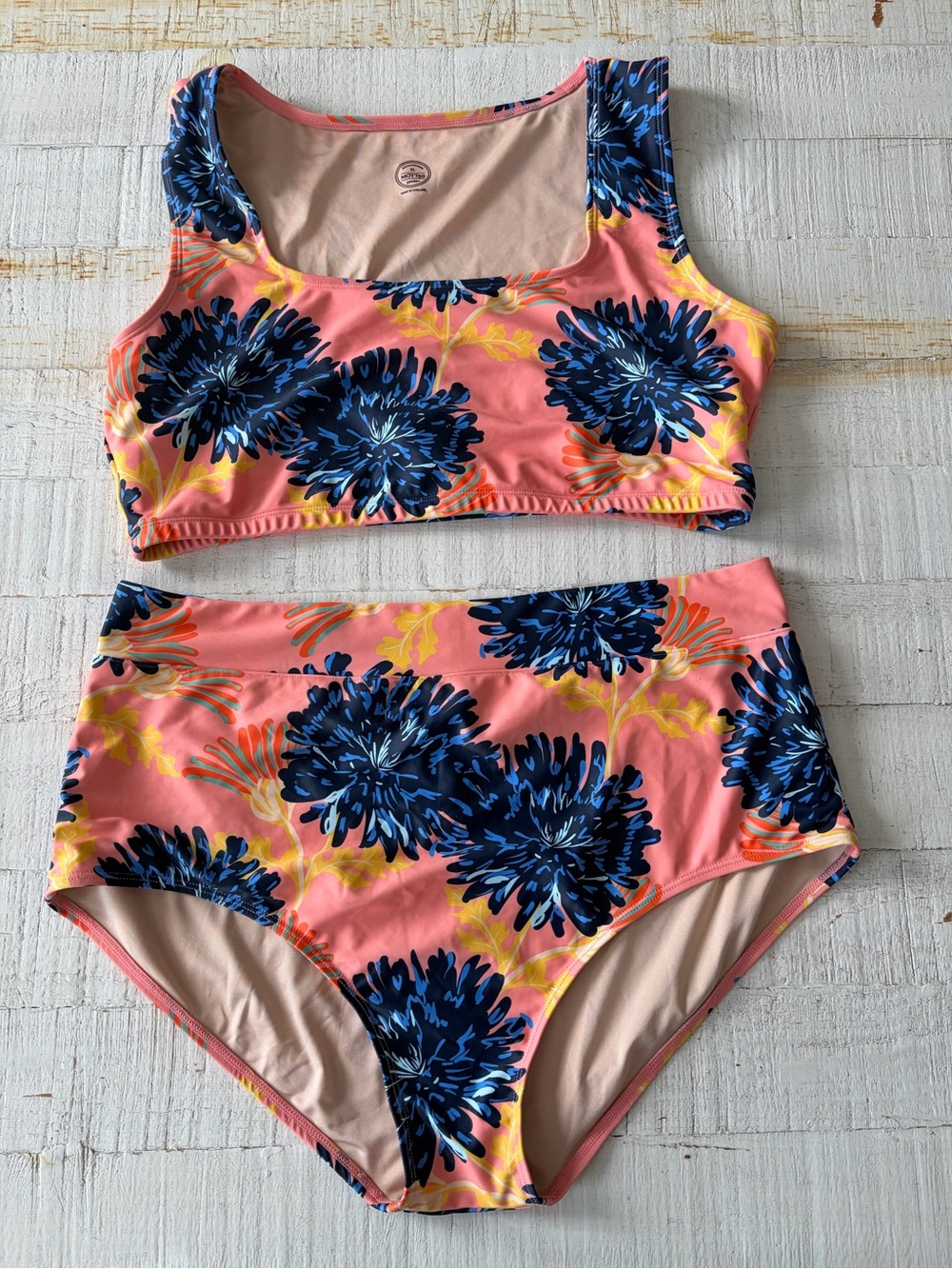 Mott 50 2 Piece Bikini Swimsuit size XL Coral Blue Flowers High Waist Modest UPF